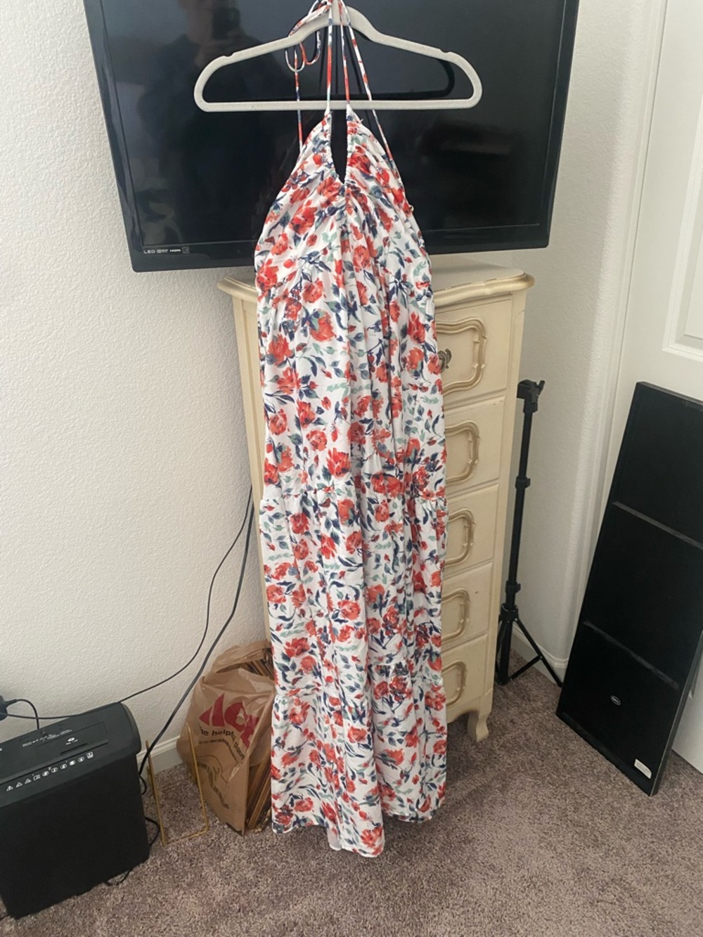 White Floral Halter Maxi Dress with Red & Navy Flowers